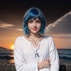 A beautiful young woman with glowing blue hair and grey eyes,  slightly smiling, very small breasts, wearing a t-shirt, silver necklace with 'A' on, with the sea in the background,  orange sunset, looking_at_viewer ,