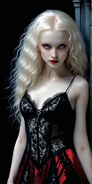 A dangerously seductive female vampire with pale albino-like skin and gorgeous figure, messy layered hair, pale blue eyes, wearing a sheer red evening dress with black lace trimming, looking directly at the viewer with a slight smile. High detail, realistic, gothic style, dramatic lighting, beauty in darkness, hyper-realistic digital painting by Victoria Frances and Brom and Luis Royo, concept art, 4k resolution,DonMM1y4XL,band_bodysuit