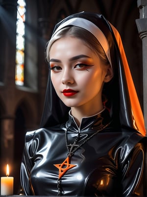 A sexy young female nun, clad in figure hugging latex with a small silver pentagram on a chain around her neck, with long eyelashes and bright red lips, prays at an altar in a dark and gloomy gothic church, looking sideways and smiling seductively at the viewer, moodily  illuminated by an orange glow