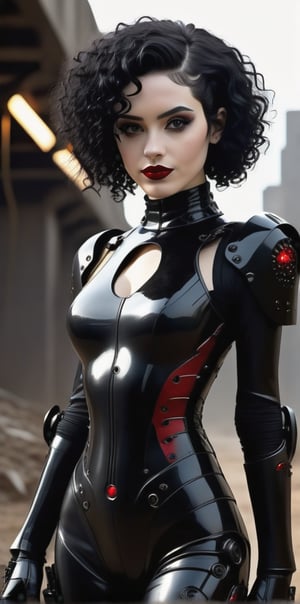 A full body shot of a young goth woman, short black curly hair, slightly smiling, one raised eyebrow, wearing a black metal cyborg suit , red lips, dark eye makeup, dark future battlefield  background,
