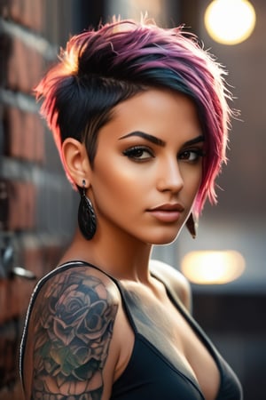 Photorealistic masterpiece of a stunning young Hispanic woman, waist-up pose, showcasing her striking features and bold style. Short punk hair and multiple piercings add an edgy touch to her beauty. A fitted summer dress adorns her petite frame, contrasting with the gritty industrial backdrop featuring metal beams, pipes, and exposed brick walls. The lighting casts a warm glow on her skin, highlighting her intricate tattoos.