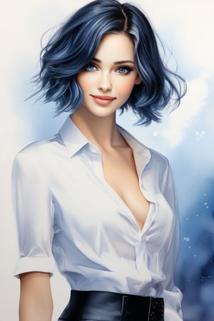 ek_art_b00ster, a pencil sketch of a beautiful young woman in pastel art blended with alcohol ink style, grey eyes, dark blue bob hair, sexy smile, a mesmerizing beautiful face, pearl white elegant shirt open to show her cleavage, small breasts, unreal engine rendering, masterpiece, best quality