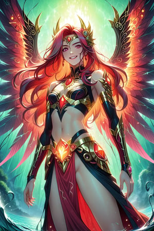 A fiery apocalyptic landscape unfolds as a resplendent winged goddess soars through the blazing crimson skies. Her majestic locks cascade behind her like a river of gold, while her piercing gaze meets the viewer's with an enigmatic smile. The inferno below casts a warm glow on her ethereal features, illuminated by the fiery backdrop.