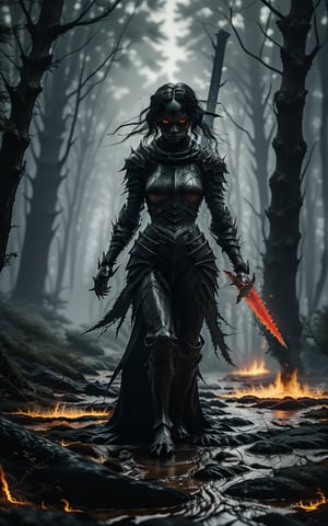 A lone figure emerges from the darkness, a demonic young woman with glowing red eyes and a lithe build and raven hair, her long legs striding confidently through the murky waters of a desolate swamp, holding a flaming sword in her hand. The air is heavy with mist with a soft glow casting an eerie ambiance as she navigates the treacherous terrain, her piercing eyes scanning the surroundings like a predator stalking its prey.