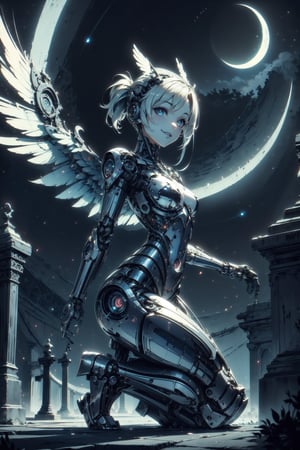 A tiny petite cyborg angel glows with a bright white light, with her metallic wings spread wide, crouching atop a weathered gravestone in a Gothic graveyard at dusk. She looks directly at the viewer, smiling slightly.  The night sky above is a deep shade of indigo, punctuated by stars and a crescent moon. High-contrast lighting highlights the girl's mechanical features and the intricate carvings on the tombstone. The camera captures her full body from a dynamic angle, emphasizing her delicate form against the ominous backdrop.