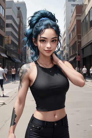 A stunning young woman with mesmerizing blue hair styled in effortless waves, donning a sleek black vest and black jeans that accentuates her toned physique, sports a subtle smile that hints at mischief. Her striking features are punctuated by vibrant tattoos that dance across her skin. Against the gritty backdrop of a city streetscape, she exudes confidence and creativity, her presence drawing attention like a beacon in the urban jungle.