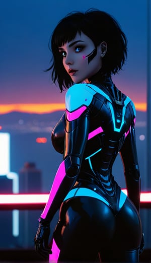 A dark urban landscape unfolds as our cybernetic assassin stalks the rooftops under the faint glow of neon lights. Her mechanical eyes gleam with calculated intensity as she surveys the cityscape below, black hair styled in a punk-inspired chaos. Wearing black body armor that seems to blend seamlessly into the night, she moves with stealthy precision, her smile hinting at a sinister amusement as she searches for her next target.