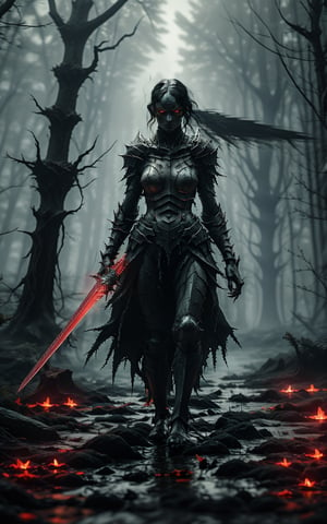 A lone figure emerges from the darkness, a demonic young woman with glowing red eyes and a lithe build and raven hair, her long legs striding confidently through the murky waters of a desolate swamp. The air is heavy with mist with a soft glow casting an eerie ambiance as she navigates the treacherous terrain, her piercing eyes scanning the surroundings like a predator stalking its prey.