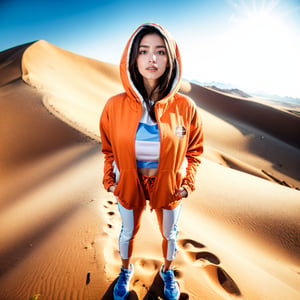 Realistic 8K resolution photography of Low angle shot upwards, 1girl, wearing an orange sports hooded jacket and cotton pants, standing on the desert, with a clear blue sky in the background,
break,
1girl, Exquisitely perfect symmetric very gorgeous face, Exquisite delicate crystal clear skin, Detailed beautiful delicate eyes, perfect slim body shape, slender and beautiful fingers, legs, perfect hands, legs, illuminated by film grain, realistic skin, dramatic lighting, soft lighting,((wide angle lens depth)), Extremely details,