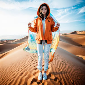 Realistic 8K resolution photography of Low angle shot upwards, 1girl, wearing an orange sports hooded jacket and cotton pants, standing on the desert, with a clear blue sky in the background,
break,
1girl, Exquisitely perfect symmetric very gorgeous face, Exquisite delicate crystal clear skin, Detailed beautiful delicate eyes, perfect slim body shape, slender and beautiful fingers, legs, perfect hands, legs, illuminated by film grain, realistic skin, dramatic lighting, soft lighting,((wide angle lens depth)), Extremely details,