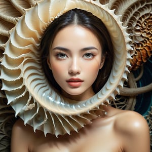 Realistic 16K resolution photography of from the base of the Nautilus shell's root-like structures along its twisted form to the tip of its spiral structure. Each image should capture the intricate details and textures present in this artwork while maintaining the surreal quality of combining marine and terrestrial elements, natural colored, accent on the face,
break, 
1 girl, Exquisitely perfect symmetric very gorgeous face, Exquisite delicate crystal clear skin, Detailed beautiful delicate eyes, perfect slim body shape, slender and beautiful fingers, nice hands, perfect hands, illuminated by film grain, realistic skin, dramatic lighting, soft lighting, exaggerated perspective of ((wide angle lens depth)),