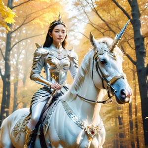 Realistic 16K resolutionphotography of 1 elegant girl clad in intricate silver armor, rides confidently through an enchanting autumn forest on a majestic white unicorn. The unicorn is adorned with ornate golden accessories that match the woman's regal attire, rideing through deep forest,
break,
1girl, Exquisitely perfect symmetric very gorgeous face, Exquisite delicate crystal clear skin, Detailed beautiful delicate eyes, perfect slim body shape, slender and beautiful fingers, legs, perfect hands, legs, illuminated by film grain, realistic style, realistic skin texture, dramatic lighting, soft lighting, exaggerated perspective of ((Wide-angle lens depth)),