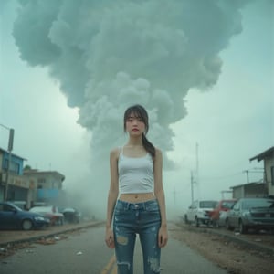 Realistic high resolution low angle view photography of On the island of Jeju, South Korea, a young woman in a white tank top and ragged jeans stands before two towering tornadoes, surrounded by cars, buildings, and debris swirling in the violent winds.
break, 
1 girl, Exquisitely perfect symmetric very gorgeous face, Exquisite delicate crystal clear skin, Detailed beautiful delicate eyes, perfect slim body shape, slender and beautiful fingers, legs, perfect hands, legs, illuminated by film grain, realistic style, realistic skin texture, dramatic lighting, soft lighting, exaggerated perspective of ((Wide-angle lens depth)),