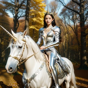 Realistic 16K resolutionphotography of 1 elegant girl clad in intricate silver armor, rides confidently through an enchanting autumn forest on a majestic white unicorn. The unicorn is adorned with ornate golden accessories that match the woman's regal attire, rideing through deep forest,
break,
1girl, Exquisitely perfect symmetric very gorgeous face, Exquisite delicate crystal clear skin, Detailed beautiful delicate eyes, perfect slim body shape, slender and beautiful fingers, legs, perfect hands, legs, illuminated by film grain, realistic style, realistic skin texture, dramatic lighting, soft lighting, exaggerated perspective of ((Wide-angle lens depth)),