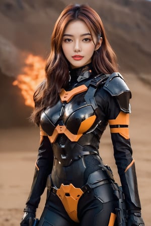 score_9, score_8_up, score_7_up, stellar_blade_tachy, a 17-years-old ethereal and breathtakingly glamorous korean idol, in a war zone, trench, close-up, perfect busty model body, brown eyes, brown long hair, balayage hair, gloves, orange-black two tones armor, combat suit with external skeleton design, pencil sktech, masterpiece, best quality, official art, beauty & aesthetic, IncrsNikkeProfile, zoom layer, holding weapon, holding gun, one knee