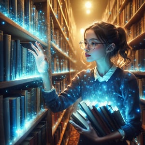 Realistic 16K photography of 1girl wearing glasses, reaching books from bookshelf. Each book glowing blue particles; books causing the particles to scatter lightly in the air. 
break, 
1 girl, Exquisitely perfect symmetric very gorgeous face, Exquisite delicate crystal clear skin, Detailed beautiful delicate eyes, perfect slim body shape, slender and beautiful fingers, legs, perfect hands, legs, illuminated by film grain, realistic style, realistic skin texture, dramatic lighting, soft lighting, exaggerated perspective of ((Wide-angle lens depth)),