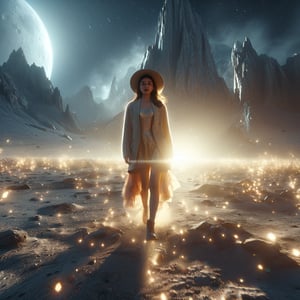 Realistic 8K resolution photography of on moon surface near giant mountain, 1girl with perfect face, walking away from the camera, shot through a five-point perspective prism, Reflect the dynamics of character and light, dramatic scenes with light and sparkle effects. illuminated by film grain, realistic skin, dramatic lighting, soft lighting,((wide angle lens depth)), Extremely details,