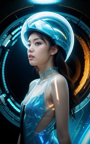 Realistic high resolution low angle view photography of 1girl wearing tight and deep blue space suite, helmet, floating in the air, full_body, transparent background, in space station, 
break, 
1 girl, Exquisitely perfect symmetric very gorgeous face, Exquisite delicate crystal clear skin, Detailed beautiful delicate eyes, perfect slim body shape, slender and beautiful fingers, legs, perfect hands, legs, illuminated by film grain, realistic style, realistic skin texture, dramatic lighting, soft lighting, exaggerated perspective of ((Wide-angle lens depth)),