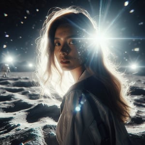 Realistic 8K resolution photography of on moon surface near giant mountain, 1girl with perfect face, walking away from the camera, shot through a five-point perspective prism, Reflect the dynamics of character and light, dramatic scenes with light and sparkle effects. illuminated by film grain, realistic skin, dramatic lighting, soft lighting,((wide angle lens depth)), Extremely details,