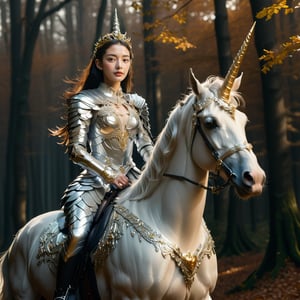 Realistic 16K resolutionphotography of 1 elegant girl clad in intricate silver armor, rides confidently through an enchanting autumn forest on a majestic white unicorn. The unicorn is adorned with ornate golden accessories that match the woman's regal attire, rideing through deep forest,
break,
1girl, Exquisitely perfect symmetric very gorgeous face, Exquisite delicate crystal clear skin, Detailed beautiful delicate eyes, perfect slim body shape, slender and beautiful fingers, legs, perfect hands, legs, illuminated by film grain, realistic style, realistic skin texture, dramatic lighting, soft lighting, exaggerated perspective of ((Wide-angle lens depth)),