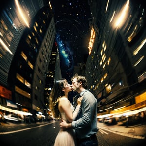 Realistic 16K photography of Klimt style, abstract, asymmetrical, disorderly, bustling streets, high-rise buildings and starry sky, a young couple kissing, childlike, dreamy, simple strokes, surreal (draft lines, delicate splicing)illuminated by film grain, realistic skin, dramatic lighting, soft lighting,((fisheye lens depth)),