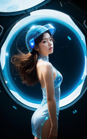 Realistic high resolution low angle view photography of 1girl wearing tight and deep blue space suite, helmet, floating in the air, full_body, transparent background, in space station, 
break, 
1 girl, Exquisitely perfect symmetric very gorgeous face, Exquisite delicate crystal clear skin, Detailed beautiful delicate eyes, perfect slim body shape, slender and beautiful fingers, legs, perfect hands, legs, illuminated by film grain, realistic style, realistic skin texture, dramatic lighting, soft lighting, exaggerated perspective of ((Wide-angle lens depth)),