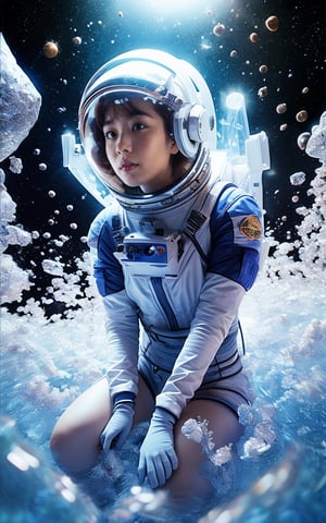 Realistic high resolution low angle view photography of 1girl wearing space suit, helmet, floating in the air, full_body, in outer space,
break, 
1 girl, Exquisitely perfect symmetric very gorgeous face, Exquisite delicate crystal clear skin, Detailed beautiful delicate eyes, perfect slim body shape, slender and beautiful fingers, legs, perfect hands, legs, illuminated by film grain, realistic style, realistic skin texture, dramatic lighting, soft lighting, exaggerated perspective of ((Wide-angle lens depth)),Fantasy,Galaxy,