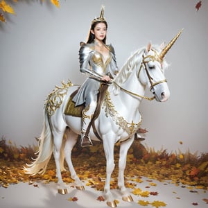 Realistic 16K resolutionphotography of 1 elegant girl clad in intricate silver armor, rides confidently through an enchanting autumn forest on a majestic white unicorn. The unicorn is adorned with ornate golden accessories that match the woman's regal attire, rideing through deep forest,
break,
1girl, Exquisitely perfect symmetric very gorgeous face, Exquisite delicate crystal clear skin, Detailed beautiful delicate eyes, perfect slim body shape, slender and beautiful fingers, legs, perfect hands, legs, illuminated by film grain, realistic style, realistic skin texture, dramatic lighting, soft lighting, exaggerated perspective of ((Wide-angle lens depth)),