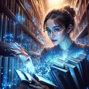 Realistic 16K photography of 1girl wearing glasses, reaching books from bookshelf. Each book glowing blue particles; books causing the particles to scatter lightly in the air. 
break, 
1 girl, Exquisitely perfect symmetric very gorgeous face, Exquisite delicate crystal clear skin, Detailed beautiful delicate eyes, perfect slim body shape, slender and beautiful fingers, legs, perfect hands, legs, illuminated by film grain, realistic style, realistic skin texture, dramatic lighting, soft lighting, exaggerated perspective of ((Wide-angle lens depth)),