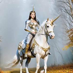 Realistic 16K resolutionphotography of 1 elegant girl clad in intricate silver armor, rides confidently through an enchanting autumn forest on a majestic white unicorn. The unicorn is adorned with ornate golden accessories that match the woman's regal attire, rideing through deep forest,
break,
1girl, Exquisitely perfect symmetric very gorgeous face, Exquisite delicate crystal clear skin, Detailed beautiful delicate eyes, perfect slim body shape, slender and beautiful fingers, legs, perfect hands, legs, illuminated by film grain, realistic style, realistic skin texture, dramatic lighting, soft lighting, exaggerated perspective of ((Wide-angle lens depth)),