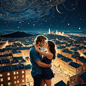 Realistic 16K photography of Klimt style, abstract, asymmetrical, disorderly, bustling streets, high-rise buildings and starry sky, a young couple kissing, childlike, dreamy, simple strokes, surreal (draft lines, delicate splicing)illuminated by film grain, realistic skin, dramatic lighting, soft lighting,((fisheye lens depth)),