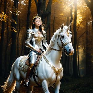 Realistic 16K resolutionphotography of 1 elegant girl clad in intricate silver armor, rides confidently through an enchanting autumn forest on a majestic white unicorn. The unicorn is adorned with ornate golden accessories that match the woman's regal attire, rideing through deep forest,
break,
1girl, Exquisitely perfect symmetric very gorgeous face, Exquisite delicate crystal clear skin, Detailed beautiful delicate eyes, perfect slim body shape, slender and beautiful fingers, legs, perfect hands, legs, illuminated by film grain, realistic style, realistic skin texture, dramatic lighting, soft lighting, exaggerated perspective of ((Wide-angle lens depth)),