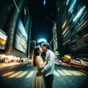 Realistic 16K photography of Klimt style, abstract, asymmetrical, disorderly, bustling streets, high-rise buildings and starry sky, a young couple kissing, childlike, dreamy, simple strokes, surreal (draft lines, delicate splicing)illuminated by film grain, realistic skin, dramatic lighting, soft lighting,((fisheye lens depth)),