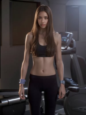 ((Realistic 8K resolution, RAW, extreme detail description)) low angle view photography of 1 strong fit girl wearing sport outfit, standing in gym. 
break, 
1girl, floating hair, Exquisitely perfect symmetric very gorgeous face, Exquisite delicate crystal clear skin, Detailed beautiful delicate eyes, perfect slim body shape, slender and beautiful fingers, legs, perfect hands, legs, illuminated by film grain, realistic style, realistic skin texture, dramatic lighting, soft lighting, exaggerated perspective of ((Wide-angle lens depth)),