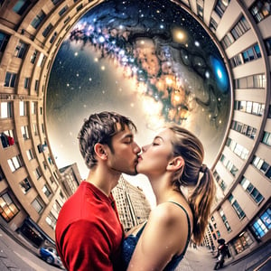 Realistic 16K photography of Klimt style, abstract, asymmetrical, disorderly, bustling streets, high-rise buildings and starry sky, a young couple kissing, childlike, dreamy, simple strokes, surreal (draft lines, delicate splicing)illuminated by film grain, realistic skin, dramatic lighting, soft lighting,((fisheye lens depth)),