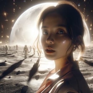 Realistic 8K resolution photography of on moon surface near giant mountain, 1girl with perfect face, walking away from the camera, shot through a five-point perspective prism, Reflect the dynamics of character and light, dramatic scenes with light and sparkle effects. illuminated by film grain, realistic skin, dramatic lighting, soft lighting,((wide angle lens depth)), Extremely details,