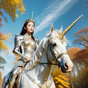 Realistic 16K resolutionphotography of 1 elegant girl clad in intricate silver armor, rides confidently through an enchanting autumn forest on a majestic white unicorn. The unicorn is adorned with ornate golden accessories that match the woman's regal attire, rideing through deep forest,
break,
1girl, Exquisitely perfect symmetric very gorgeous face, Exquisite delicate crystal clear skin, Detailed beautiful delicate eyes, perfect slim body shape, slender and beautiful fingers, legs, perfect hands, legs, illuminated by film grain, realistic style, realistic skin texture, dramatic lighting, soft lighting, exaggerated perspective of ((Wide-angle lens depth)),