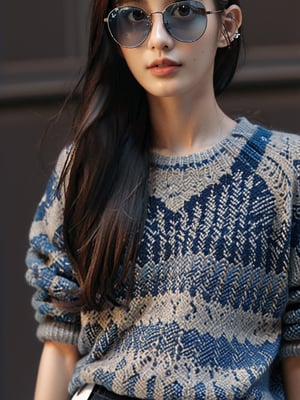 Realistic 8K resolution photography of 1girl, wearing a blue and gray sweater, a black pleated skirt, and Ray-Ban sunglasses, was walking on the street in the city center.
break,
1girl, Exquisitely perfect symmetric very gorgeous face, Exquisite delicate crystal clear skin, Detailed beautiful delicate eyes, perfect slim body shape, slender and beautiful fingers, legs, perfect hands, legs, illuminated by film grain, realistic skin, dramatic lighting, soft lighting,((wide angle lens depth)), Extremely details,