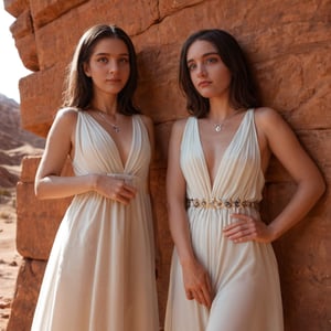 Realistic 8K resolution photography of in desert near rocks hill, 2 girls, dressed in Black transparent tulle with a platinum necklace around her neck, holding each other on brown gravel.
break,
1girl, Exquisitely perfect symmetric very gorgeous face, Exquisite delicate crystal clear skin, Detailed beautiful delicate eyes, perfect slim body shape, slender and beautiful fingers, legs, perfect hands, legs, illuminated by film grain, realistic skin, dramatic lighting, soft lighting,((wide angle lens depth)), Extremely details,