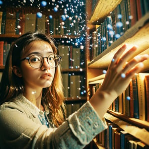 Realistic 16K photography of 1girl wearing glasses, reaching books from bookshelf. Each book glowing blue particles; books causing the particles to scatter lightly in the air. illuminated by film grain, realistic skin, dramatic lighting, soft lighting, exaggerated perspective of ((fisheye lens depth)),Analog signal glitch art style, color mosaic,