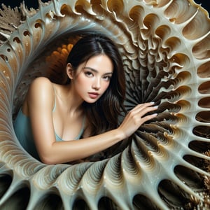 Realistic 16K resolution photography of from the base of the Nautilus shell's root-like structures along its twisted form to the tip of its spiral structure. Each image should capture the intricate details and textures present in this artwork while maintaining the surreal quality of combining marine and terrestrial elements, natural colored, accent on the face,
break, 
1 girl, Exquisitely perfect symmetric very gorgeous face, Exquisite delicate crystal clear skin, Detailed beautiful delicate eyes, perfect slim body shape, slender and beautiful fingers, nice hands, perfect hands, illuminated by film grain, realistic skin, dramatic lighting, soft lighting, exaggerated perspective of ((wide angle lens depth)),