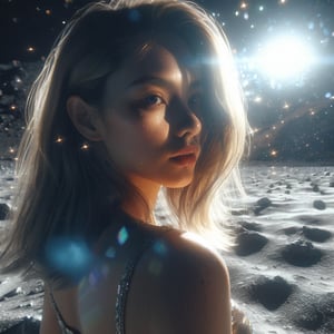 Realistic 8K resolution photography of on moon surface near giant mountain, 1girl with perfect face, walking away from the camera, shot through a five-point perspective prism, Reflect the dynamics of character and light, dramatic scenes with light and sparkle effects. illuminated by film grain, realistic skin, dramatic lighting, soft lighting,((wide angle lens depth)), Extremely details,