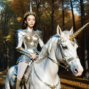 Realistic 16K resolutionphotography of 1 elegant girl clad in intricate silver armor, rides confidently through an enchanting autumn forest on a majestic white unicorn. The unicorn is adorned with ornate golden accessories that match the woman's regal attire, rideing through deep forest,
break,
1girl, Exquisitely perfect symmetric very gorgeous face, Exquisite delicate crystal clear skin, Detailed beautiful delicate eyes, perfect slim body shape, slender and beautiful fingers, legs, perfect hands, legs, illuminated by film grain, realistic style, realistic skin texture, dramatic lighting, soft lighting, exaggerated perspective of ((Wide-angle lens depth)),