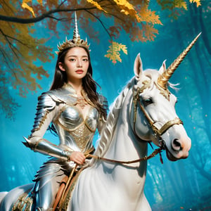 Realistic 16K resolutionphotography of 1 elegant girl clad in intricate silver armor, rides confidently through an enchanting autumn forest on a majestic white unicorn. The unicorn is adorned with ornate golden accessories that match the woman's regal attire, rideing through deep forest,
break,
1girl, Exquisitely perfect symmetric very gorgeous face, Exquisite delicate crystal clear skin, Detailed beautiful delicate eyes, perfect slim body shape, slender and beautiful fingers, legs, perfect hands, legs, illuminated by film grain, realistic style, realistic skin texture, dramatic lighting, soft lighting, exaggerated perspective of ((Wide-angle lens depth)),