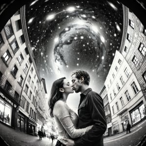 Realistic 16K photography of Klimt style, abstract, asymmetrical, disorderly, bustling streets, high-rise buildings and starry sky, a young couple kissing, childlike, dreamy, simple strokes, surreal (draft lines, delicate splicing)illuminated by film grain, realistic skin, dramatic lighting, soft lighting,((fisheye lens depth)),