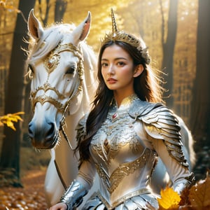 Realistic 16K resolutionphotography of 1 elegant girl clad in intricate silver armor, rides confidently through an enchanting autumn forest on a majestic white unicorn. The unicorn is adorned with ornate golden accessories that match the woman's regal attire, rideing through deep forest,
break,
1girl, Exquisitely perfect symmetric very gorgeous face, Exquisite delicate crystal clear skin, Detailed beautiful delicate eyes, perfect slim body shape, slender and beautiful fingers, legs, perfect hands, legs, illuminated by film grain, realistic style, realistic skin texture, dramatic lighting, soft lighting, exaggerated perspective of ((Wide-angle lens depth)),