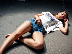 Realistic 16K resolution blue-red tone photography of 1girl, wearing T-shirt and short jeans, sleeping on ground. transparent background and no other objects present, full body,
break, 
1 girl, Exquisitely perfect symmetric very gorgeous face, Exquisite delicate crystal clear skin, Detailed beautiful delicate eyes, perfect slim body shape, slender and beautiful fingers, legs, perfect hands, legs, illuminated by film grain, realistic style, realistic skin texture, dramatic lighting, soft lighting, exaggerated perspective of ((Wide-angle lens depth)),