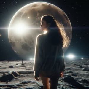 Realistic 8K resolution photography of on moon surface near giant mountain, 1girl with perfect face, walking away from the camera, shot through a five-point perspective prism, Reflect the dynamics of character and light, dramatic scenes with light and sparkle effects. illuminated by film grain, realistic skin, dramatic lighting, soft lighting,((wide angle lens depth)), Extremely details,