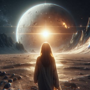 Realistic 8K resolution photography of on moon surface near giant mountain, 1girl with perfect face, walking away from the camera, shot through a five-point perspective prism, Reflect the dynamics of character and light, dramatic scenes with light and sparkle effects. illuminated by film grain, realistic skin, dramatic lighting, soft lighting,((wide angle lens depth)), Extremely details,