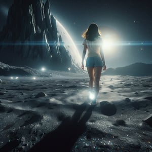 Realistic 8K resolution photography of on moon surface near giant mountain, 1girl with perfect face, walking away from the camera, shot through a five-point perspective prism, Reflect the dynamics of character and light, dramatic scenes with light and sparkle effects. illuminated by film grain, realistic skin, dramatic lighting, soft lighting,((wide angle lens depth)), Extremely details,